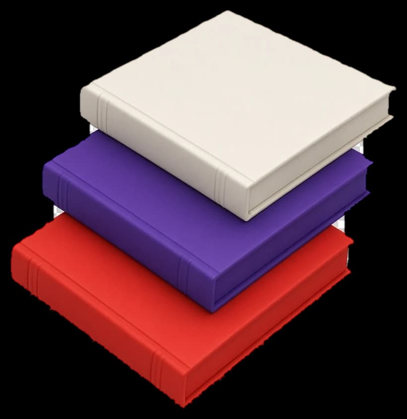 Three square album cases stacked at slight angles, in vermilion, violet and bone white.