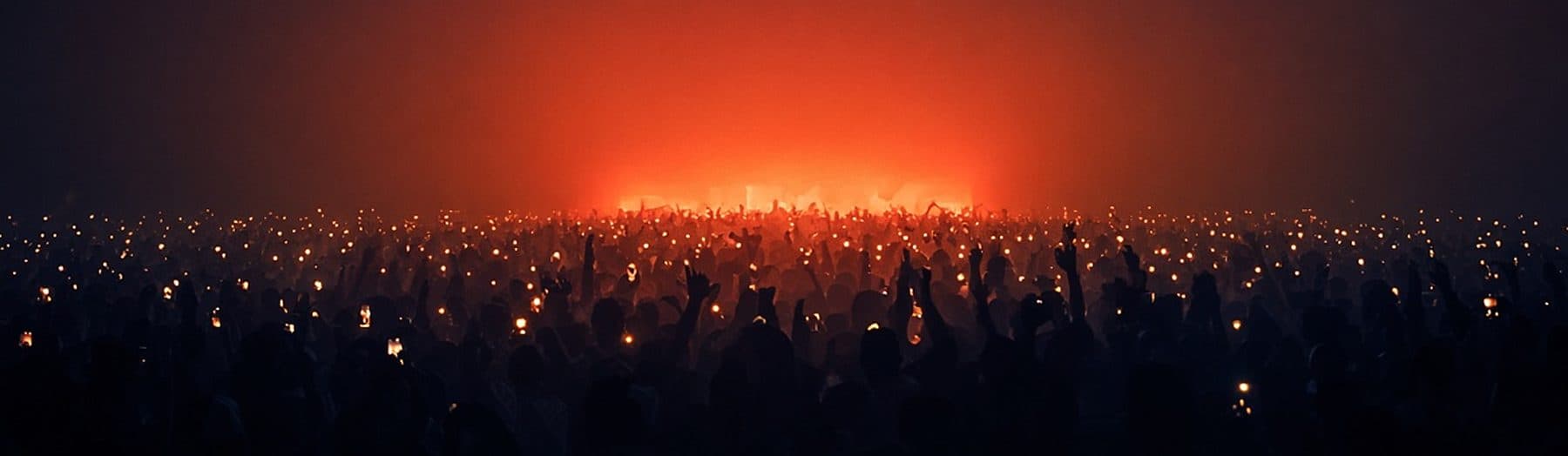 A dense crowd seen from behind, arms raised, small lights scattered through the dark.