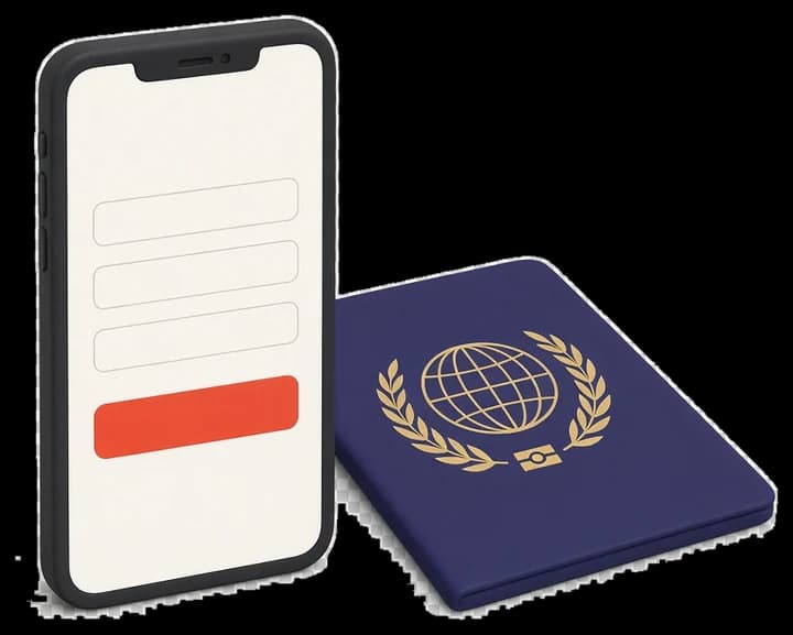 A dark phone showing a blank form screen, beside a passport, as matte clay objects.