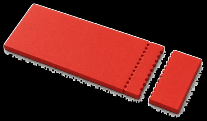 A vermilion concert ticket with a perforated stub, rendered as a matte clay object.