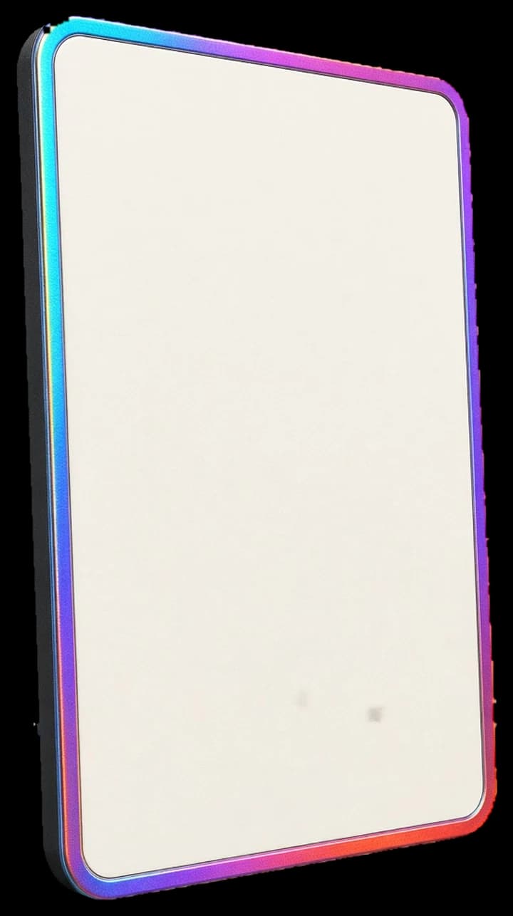 A blank collectible card standing upright, its border a band of iridescent foil.