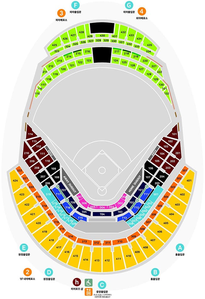 The venue's seating chart: four rings of numbered blocks around a baseball field, lettered gates A to G outside them, and ticket offices marked 2, 3 and 4.